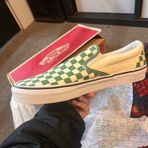 Vans Scarab and True White checkerboard slip ons